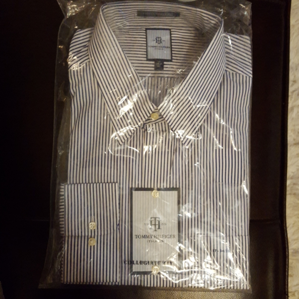 Tommy Hilfiger Ithica blue white stripe long sleeve shirt 17 34/35 NEW …